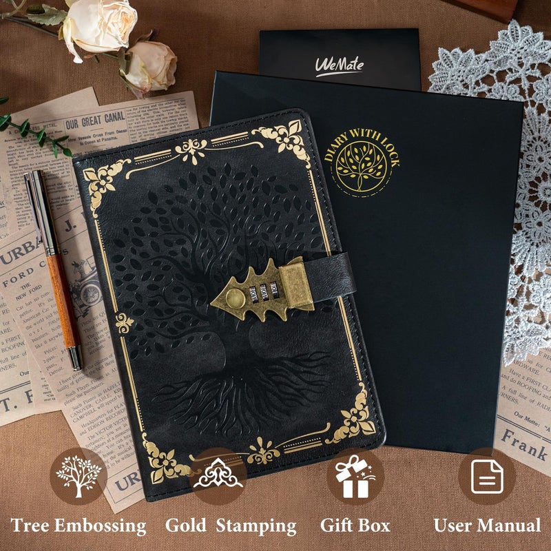 WEMATE Locked Journal with Pen & Gift Box, A5 260 Pages, Refillable, Hardcover Leather Password Notebook for Writing,Vintage Locking Diary for Women, Girls, Men, Students, 8.6 x 5.8 in, Black - Image 4